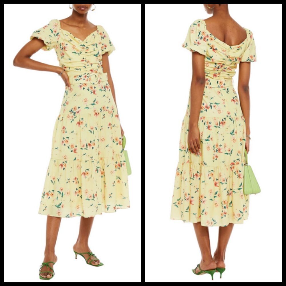 💕PALOMA BLUE💕 Evie Gathered Floral-Print Crepe Midi Dress Yellow Medium M NWOT